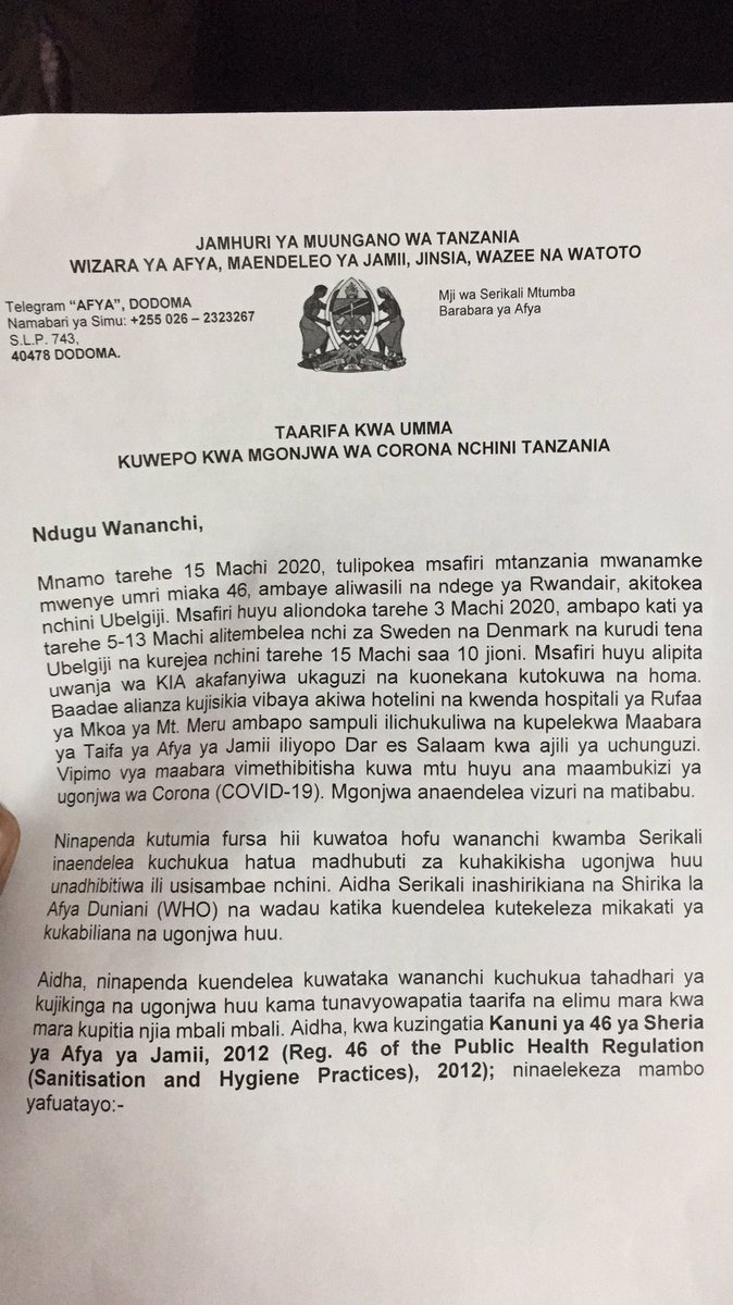 Tanzania confirms its first case of Coronavirus. The patient is 46 year-old Tanzanian lady, who arrived in the country yesterday from Belgium. She passed by Sweden and Denmark and entered the country  