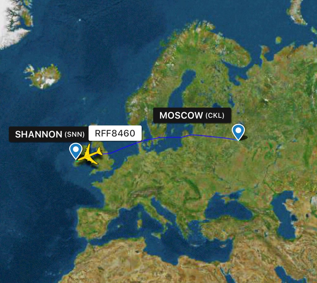 Russian Air Force contractor, 224th Flight Unit Antonov An124 Ruslan heavylifter is flying from Moscow Chkalovsky likely to New York JFK with a load of medical equipment & masks to help fight coronavirus. Heavylifter made a technical stop in Shannon. Currently over the Atlantic