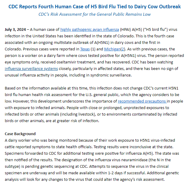 CDC statement on 4th human case of H5N1 bird flu linked to dairy cows