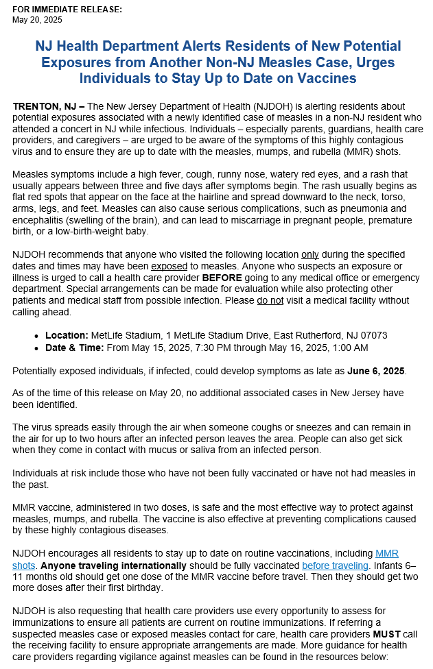 Alerte rougeole pour tous ceux qui ont assisté au spectacle de Shakira au MetLife Stadium le 15 mai @MetLifeStadium @shakira